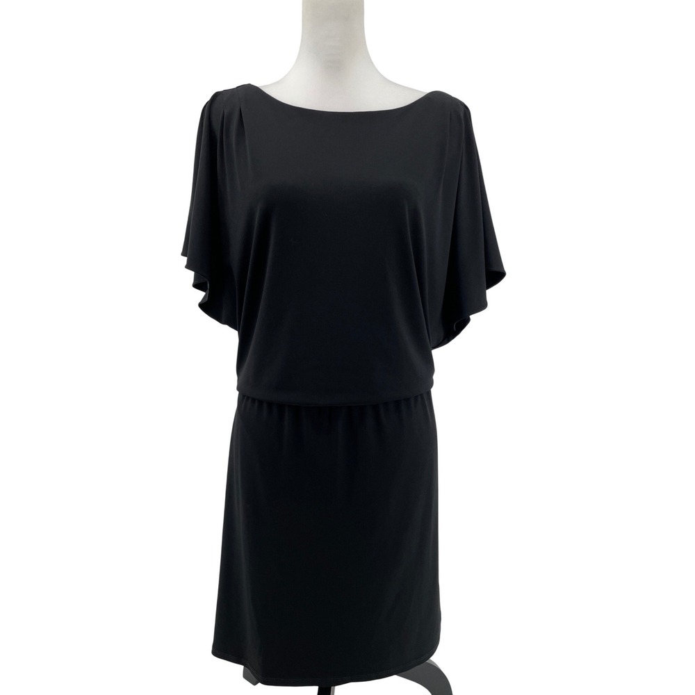 WHBM Dress Womens Medium Black Flutter Sleeve Studded V Back Liquid Knit Capsule